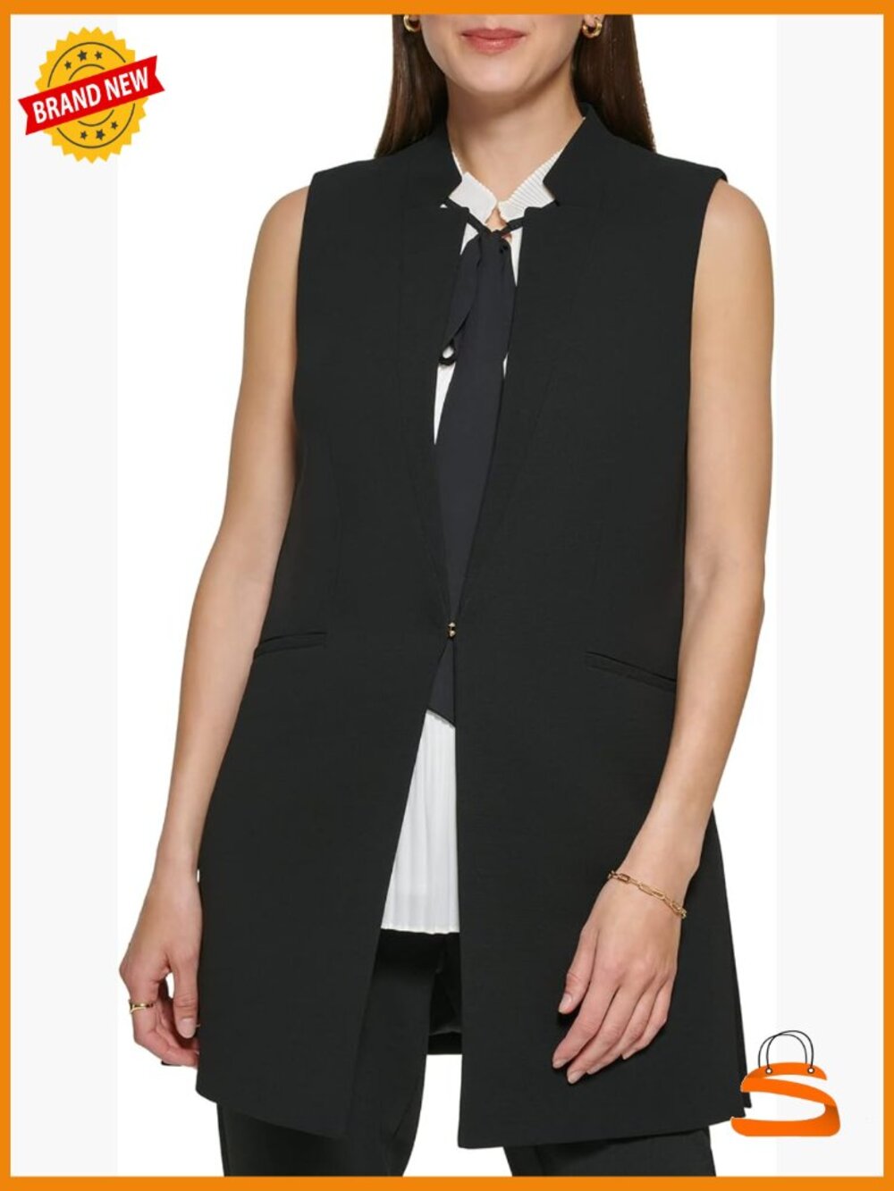 Open Front Suit Vest with Clasp Closure Dry Clean Polyester Spandex Stretchy